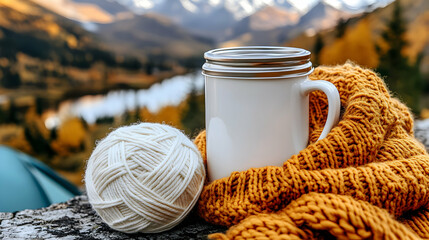 Warmth in Nature: A Cozy Moment with Coffee, Yarn, and Mountain Views
