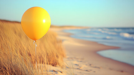 Vibrant yellow balloon against tranquil beachside scene creating a carefree atmosphere