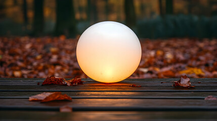 Glowing orb resting amidst autumn foliage on a weathered wooden surface