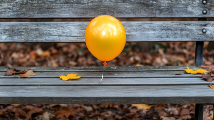 A melancholic autumn scene featuring a solitary yellow balloon on a bench