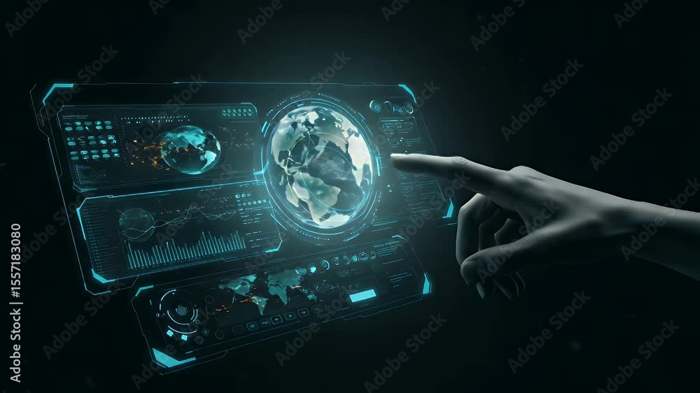 Poster a hand interacts with a futuristic, glowing holographic interface displaying a world map and various
