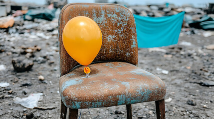 Rusting chair with deflated yellow balloon resting in a desolate landscape