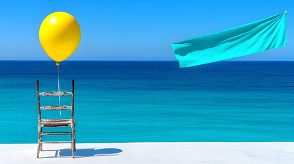 Serene beachfront vista with whimsical yellow balloon and a weathered chair