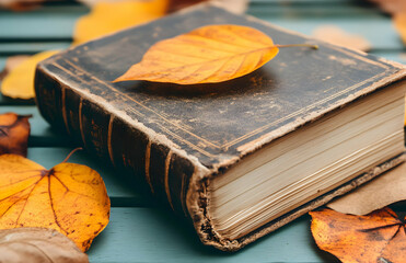 Vintage book with autumn leaf, nostalgic literary scene and fall season reading
