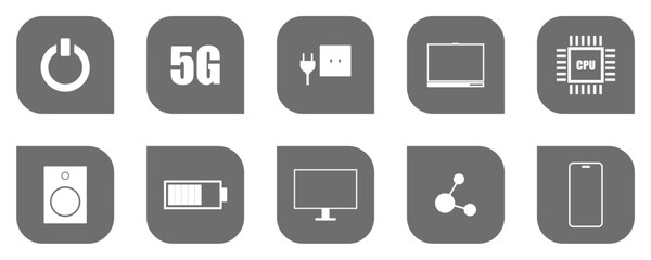 Technology Icons Set, Modern Technology Icons, Electronic Device Symbols Collection, Flat Digital Interface Icons on transparent background