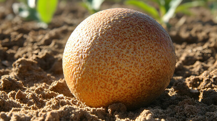 Textured sphere on soil, a study in earthy tones and natural surface