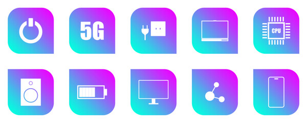 Technology Icons Set, Modern Technology Icons, Electronic Device Symbols Collection, Flat Digital Interface Icons on transparent background