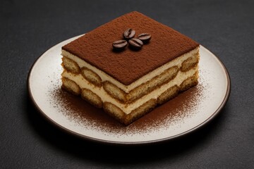 Traditional Italian tiramisu served on a ceramic dish against a dark concrete backdrop