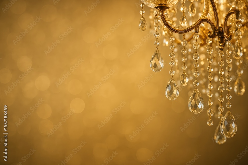 Poster detailed view of a crystal chandelier with a glamorous backdrop and space for text