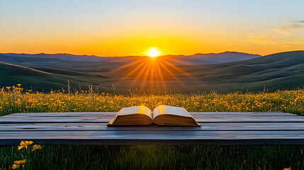 Open book on a wooden table overlooking a field during a golden sunset