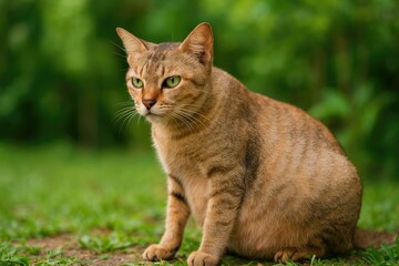 Detailed shot of a gravid brown feline with a blurred background