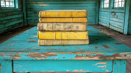 Vintage books on a rustic turquoise table creating a nostalgic atmosphere