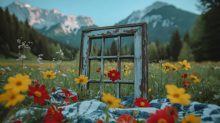 Rustic Window Frame in a Blooming Meadow against a Mountain Landscape