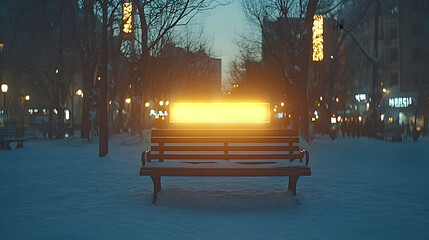 Illuminated bench in winter park scene presents a peaceful snowy ambiance