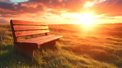 Inviting wooden bench nestled within a golden grassy field at sunset