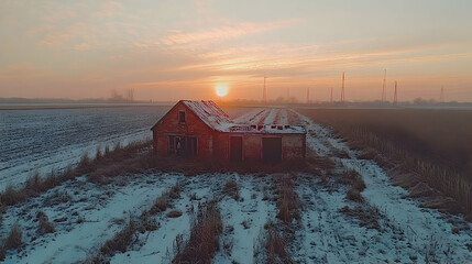 Abandoned homestead silhouetted against the dawn over a snow dusted field