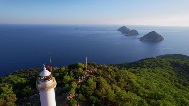 Gelidonya lighthouse Lycian Way in Antalya, Turkey Aerial top view. Concept beautiful summer landscape at sunset from drone