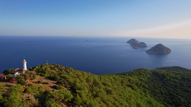 Gelidonya lighthouse Lycian Way in Antalya, Turkey Aerial top view. Concept beautiful summer landscape at sunset from drone
