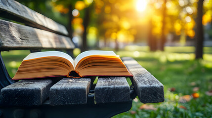 Open book resting on a park bench bathed in golden autumn sunlight serenity