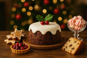 Festive holiday treats with a soft-focused backdrop, holiday cake