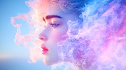 Woman, ethereal, smoke, profile, pastel, sky, digital, art, beauty, advertisement