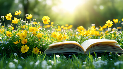 Open book amidst a meadow of blooming flowers in soft sunlight scenery