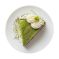 Top view Matcha green tea cake with whipping cream in the white plate on wooden [Transparent Background PNG]