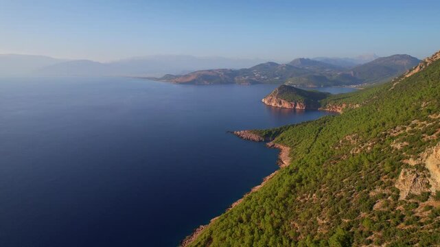 Concept beautiful summer landscape at sunset from drone. Gelidonya Lycian Way in Antalya, Turkey Aerial top view
