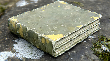 Weathered tome on textured surface evokes tales from ancient chronicles and folklore