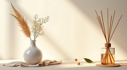 “Japandi Spa & Aromatherapy Flatlay – Calm Rituals in Minimal Still Life, mockup for workspace concept."