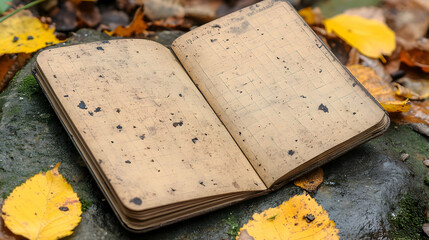 Weathered journal lies nestled amongst fall foliage on a moss-covered stone