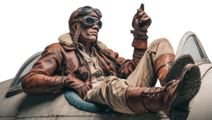 The Aviator's Gaze: A determined aviator, wearing a vintage leather helmet and goggles, grips the controls of an aircraft, exuding a sense of focus and confidence.