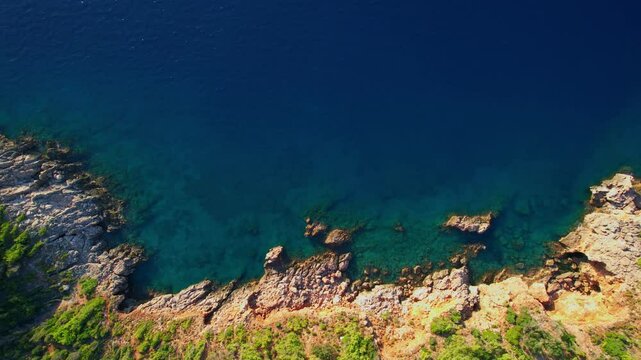 Aerial view Beautiful summer landscape with rock beach and sea at sunset from Turkey
