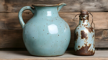 Rustic pottery still life featuring a blue ceramic pitcher and aged bottle