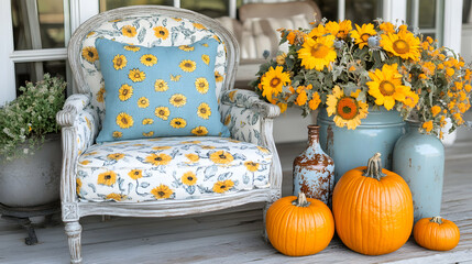 Sunflowers and pumpkins bring autumnal warmth to a vintage chair setting
