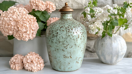 Elegant display featuring vases and hydrangeas amidst a stylish home setting