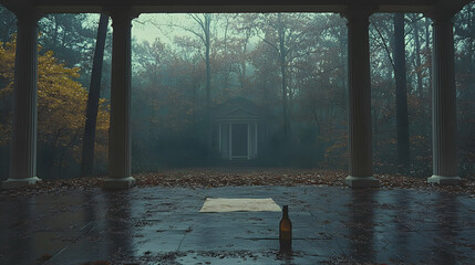 Eerie autumn scene featuring classical architecture and misty forest backdrop