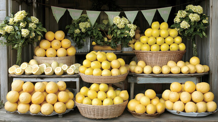 Abundant lemon display on rustic wooden shelves with floral accents