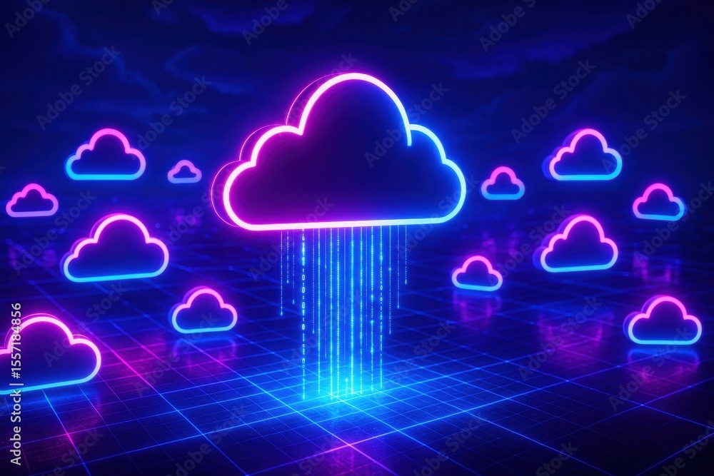 Poster cloud computing network: a vibrant neon cloud icon, symbolizing cloud computing, releases data strea