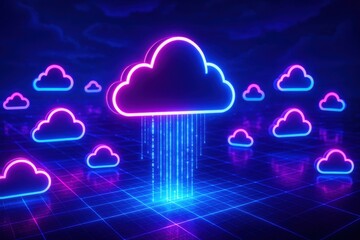 Cloud Computing Network: A vibrant neon cloud icon, symbolizing cloud computing, releases data streams onto a digital grid, surrounded by smaller neon clouds.