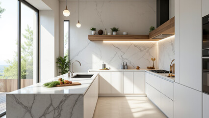 Fototapeta premium modern kitchen with white cabinets and marble counter tops