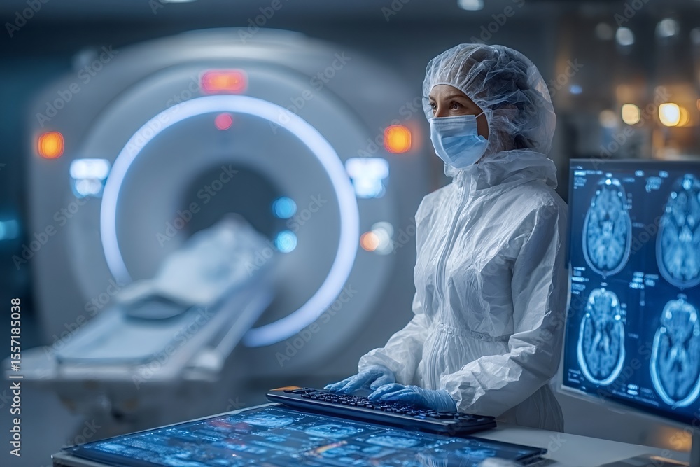 Poster medical professional wearing protective suit and mask typing on a keyboard while analyzing brain sca