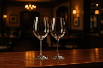 Clear glasses displayed on the bar counter
