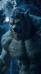 A fierce werewolf in a dark forest setting.