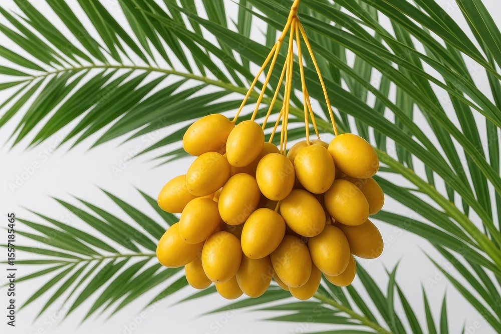 Poster cluster of yellow dates hanging from a date palm tree