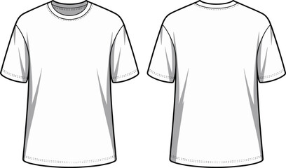 Basic short sleeve t-shirt flat sketch, front and back view, fashion vector template, technical apparel drawing, blank tee CAD