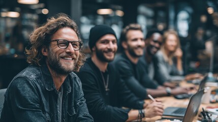 Obraz premium Casual Office Workers, Candid group of casual office workers collaborating at a coworking space