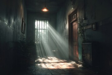 Sunbeams filtering through cracks illuminate a dark, grungy hallway filled with decaying plants, a dirty tiled floor, and a hanging lamp casting eerie shadows