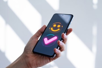 Close up of a hand holding a smartphone displaying a glowing happy face emoji and a neon pink checkmark
