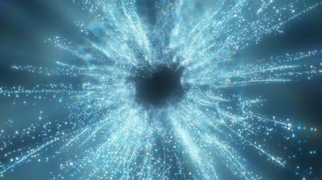 4k 3D animation of blue glowing particles radiating outward from the center on a dark background. Perfect for technology, hi-tech, luxury and winter celebration visuals.